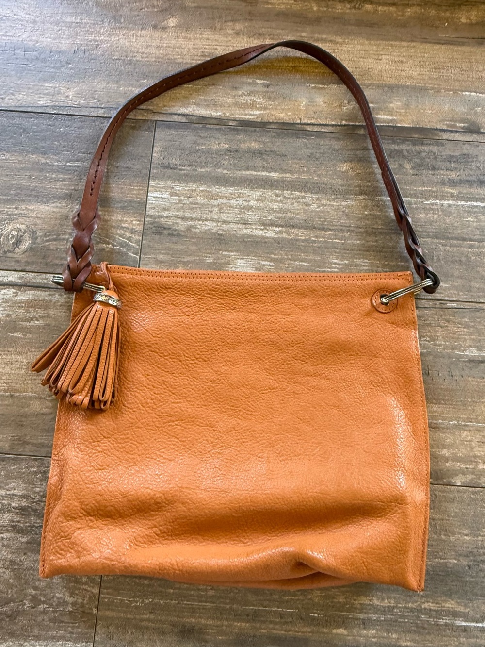 Brighton Piper Slim Embossed Leather Shoulder Purse Bag w Tassel, Orange and Tan - Picture 4 of 13